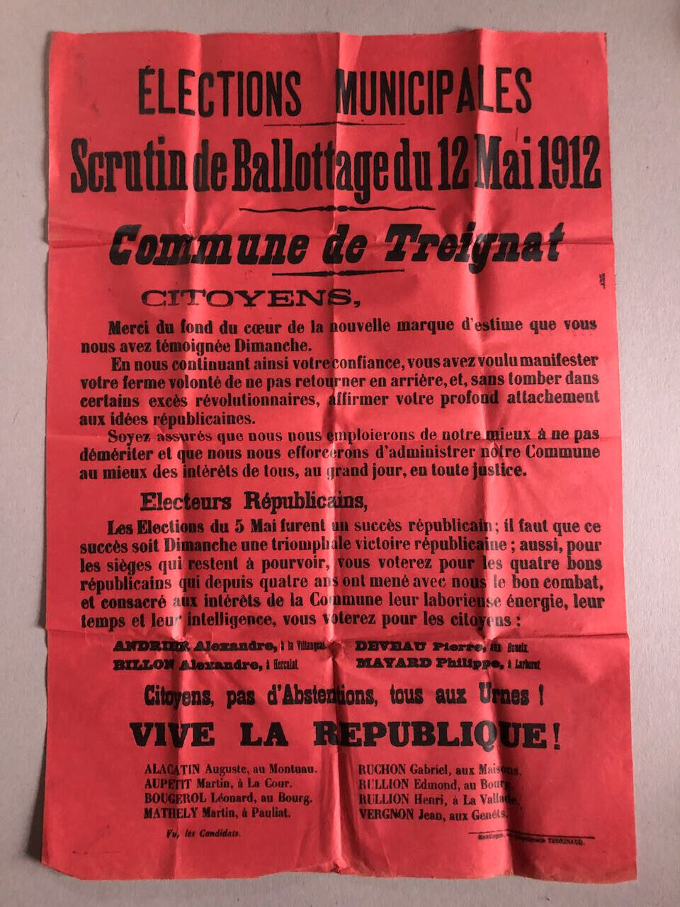 Treignat , Auvergne — République — placard, affiche élections municipales — 1912
