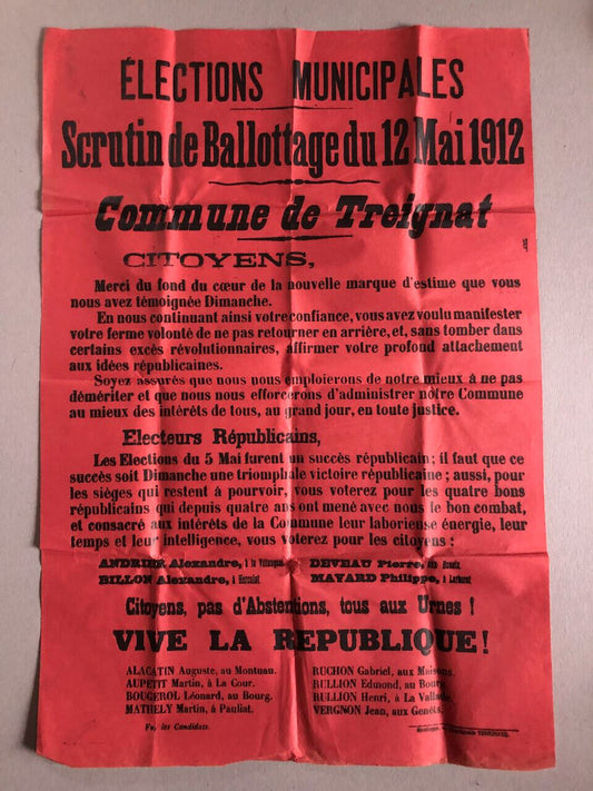 Treignat , Auvergne — République — placard, affiche élections municipales — 1912