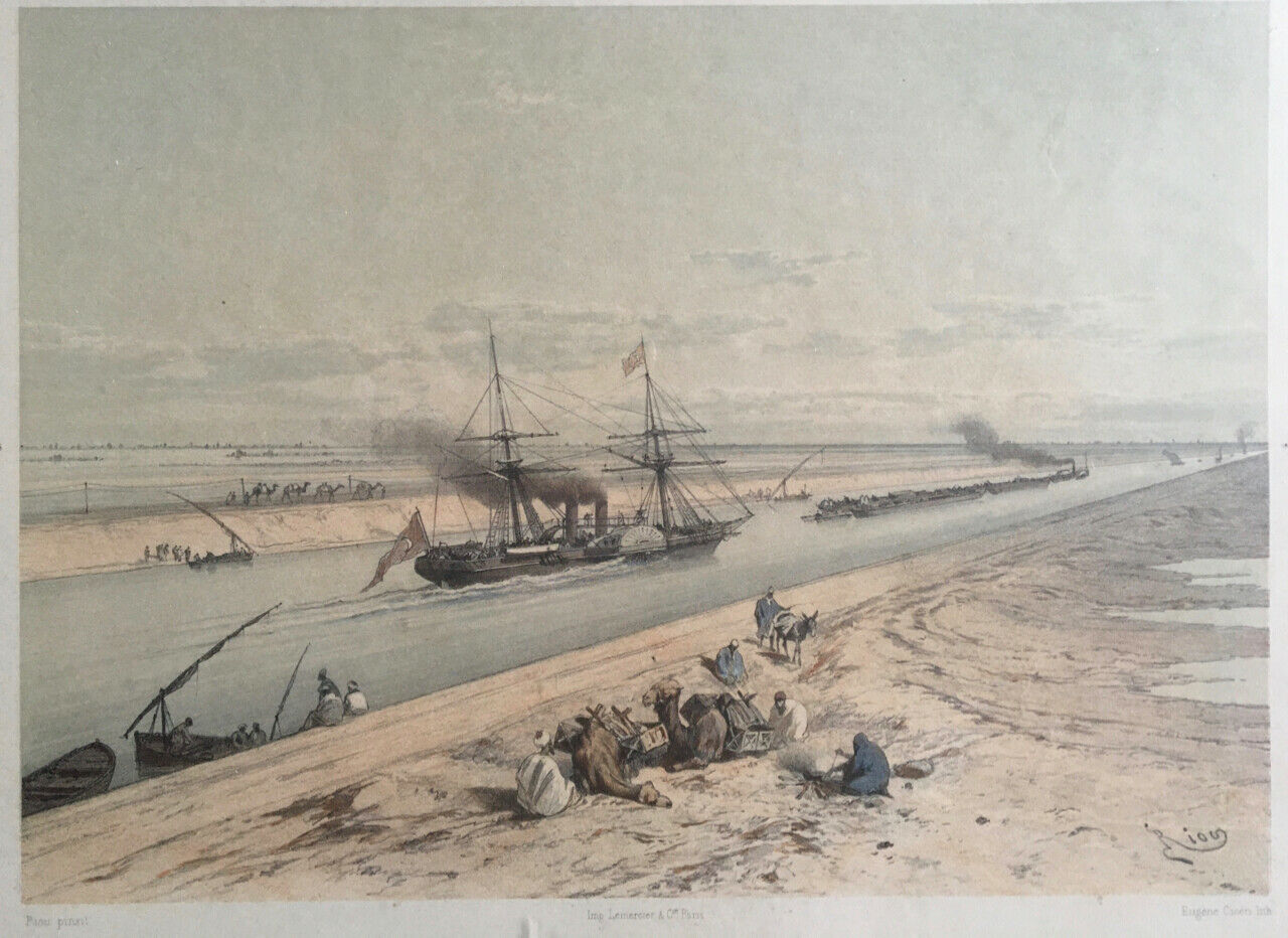 Edouard Riou — Bateau à aubes turc sur le canal de Suez — 50 x 40 cm. — c. 1870