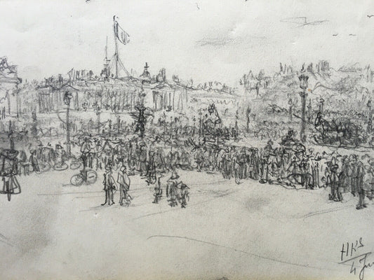 Place de la Concorde — dessin à la mine de plomb signé en bas à droite — 1919.