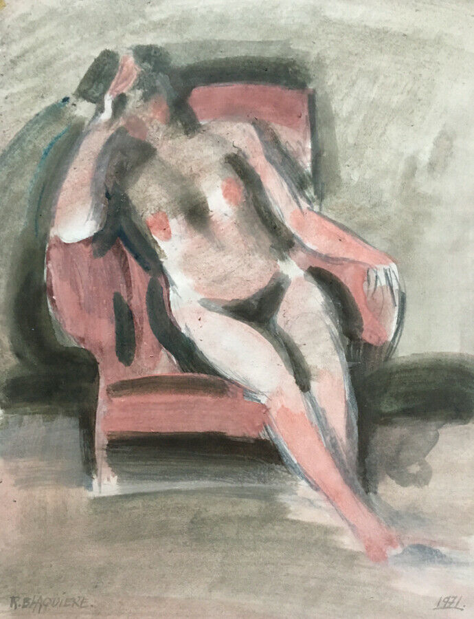 ROGER BLAQUIÈRE - NU ASSIS DANS UN FAUTEUIL - AQUARELLE SIGNÉE & DATÉE - 1971.