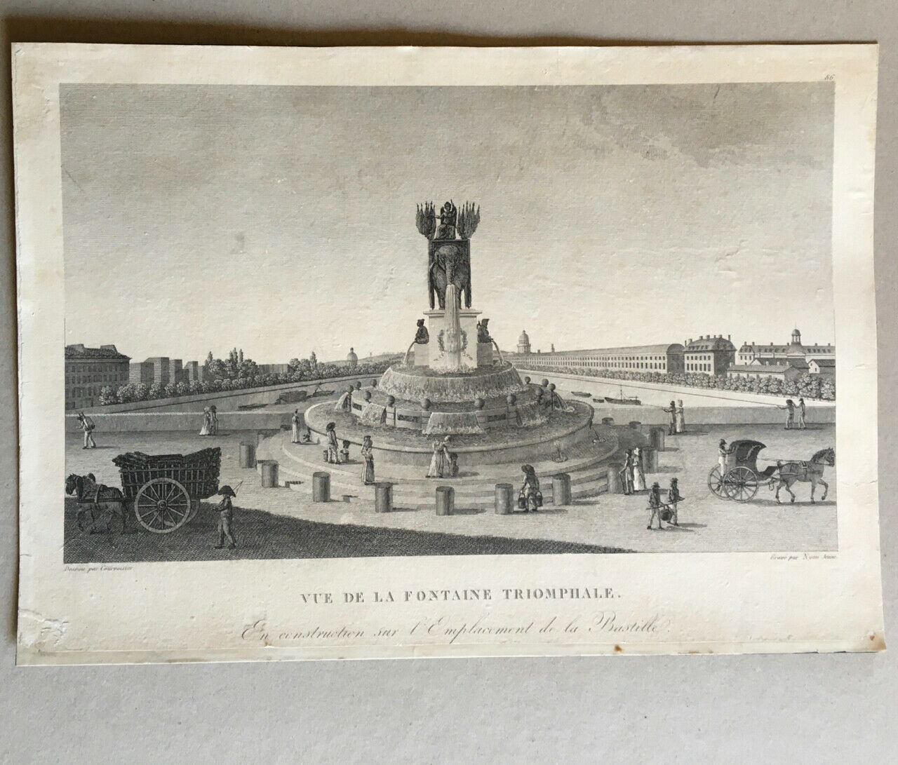 Pierre Courvoisier — Triumphal Fountain Place de la Bastille — engraving — c.1830