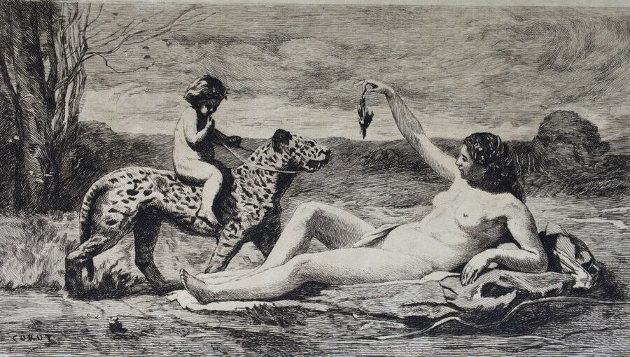 After Corot — The Hunt — etching by Duvivier — rare print on Japan — 1897