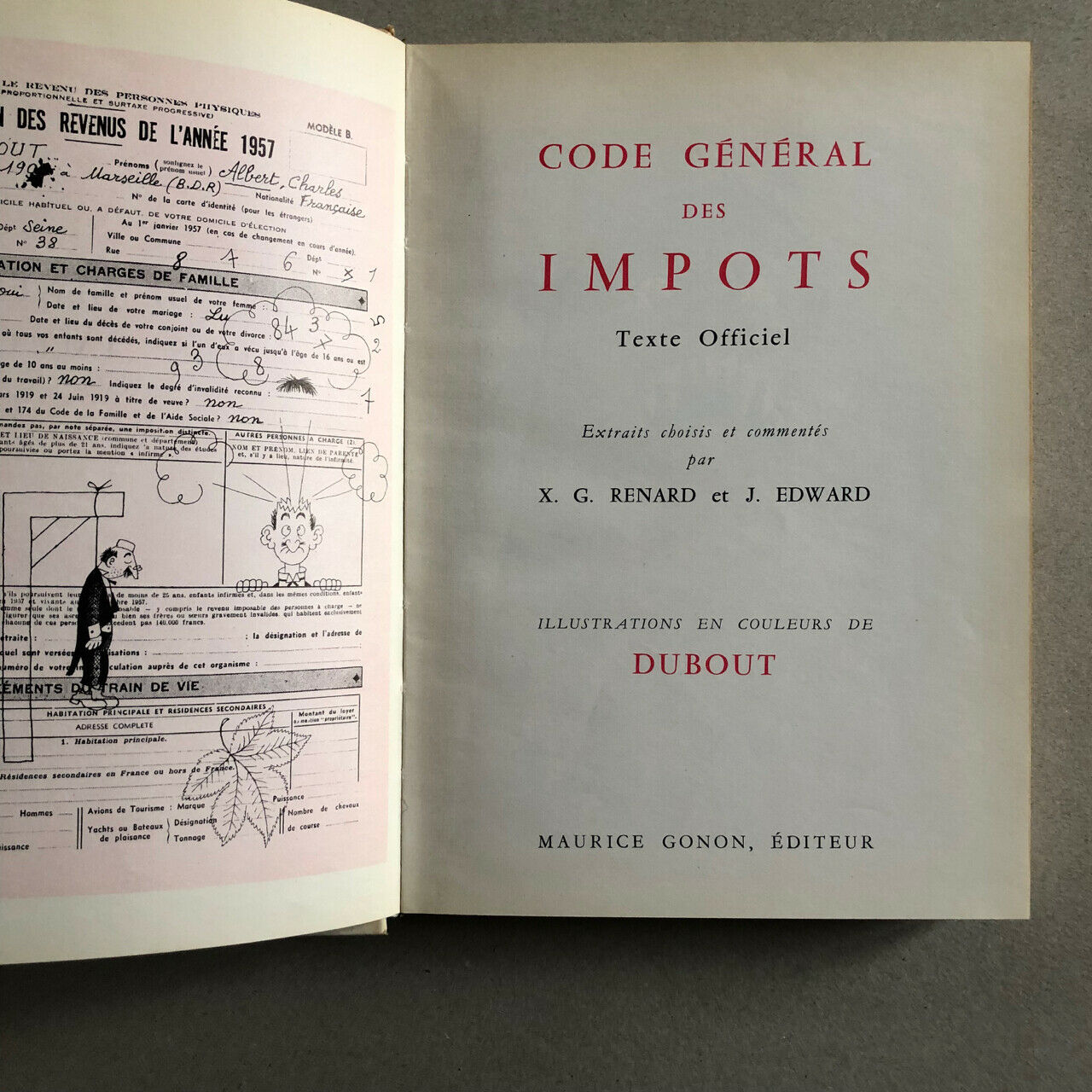 Dubout — Code général des impôts — envoi autographe & dessin original signé.