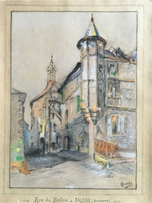 View of the Belfry in Salers, Auvergne — enhanced charcoal signed lower right.