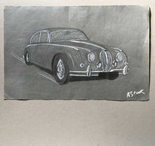 Jaguar Mark 2 MK2 — charcoal and chalk drawing signed lower right — 50x32