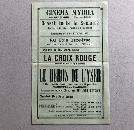 Cinéma Myrha — programme de cinéma / flyer —  Charlot dentiste — juillet 1915.