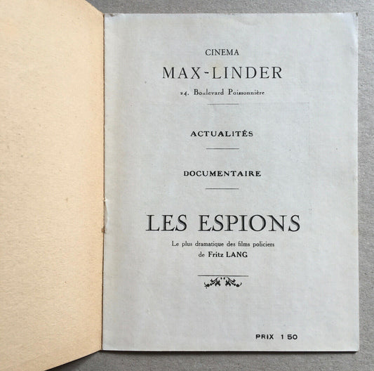 Fritz Lang — Les Espions — programme sortie originale cinéma Max Linder — 1929.