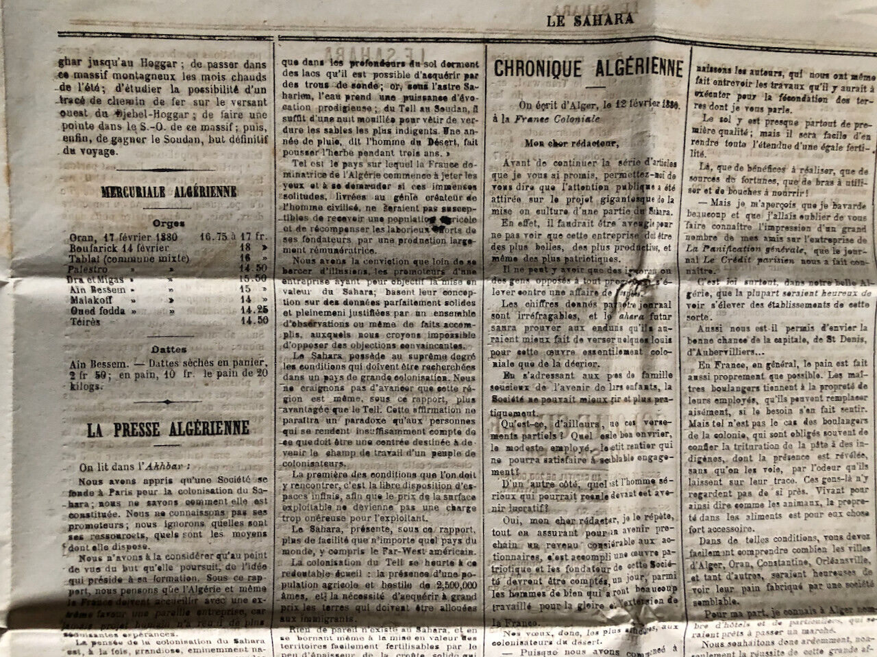 Bimensuel Le Sahara - organe de la France africaine — colonies — n° 2 — 1880.