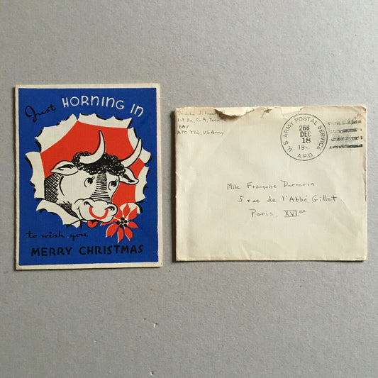 Carte de Noël & enveloppe [Christmas card] envoyée par un G.I. à son amie — 1945