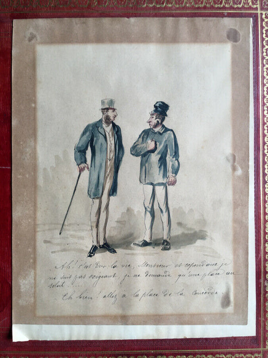 Dessin humoristique - Une place au soleil - aquarelle originale - circa 1830.