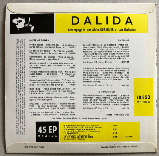 Dalida — Il Silenzio + 3 — pressage original français — Barclay 70853 — 1965.