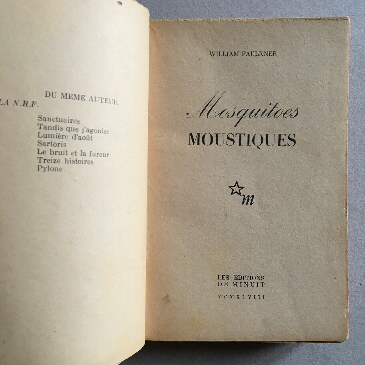 W. Faulkner — Mosquitoes — 1st French edition — dust jacket — Midnight — 1948.