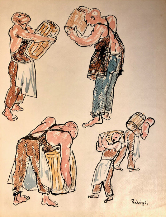 Basil Rákóczi — Men at work III - Mallorca — aquarelle signée & datée — 1965.