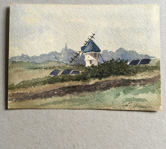 Léonie Denis  — Moulin du Bourg de Batz — aquarelle sur papier signée en bas.