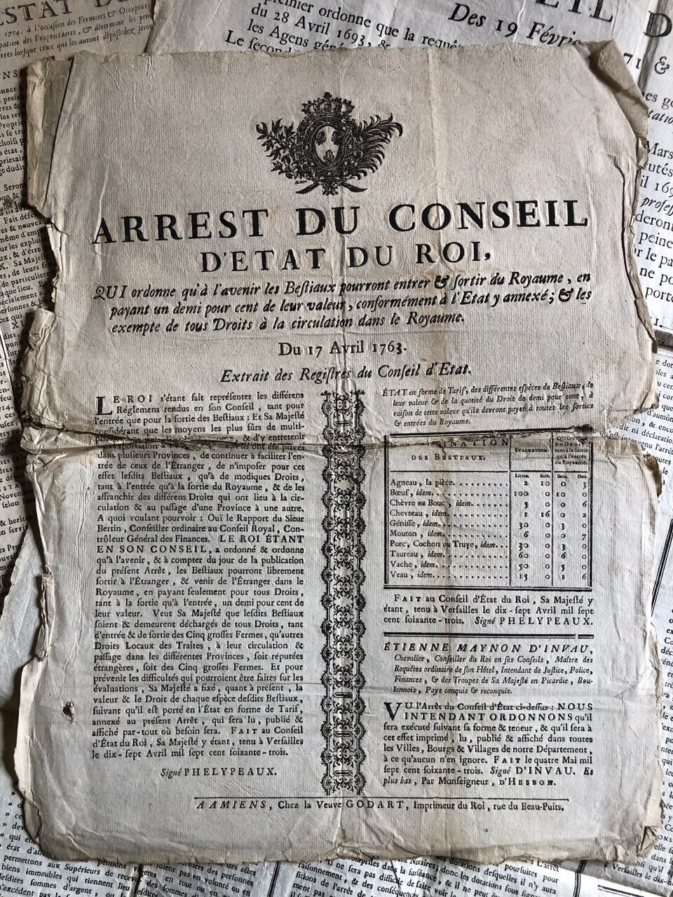 Ensemble de 5 placards, affiches concernant la Généralité d'Amiens — XVIIIème s.