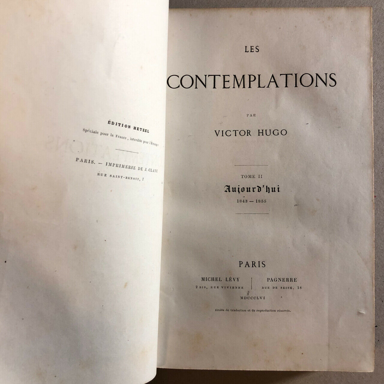 Victor Hugo — The Contemplations — 2 vol. — E.O. — Michel Lévy / Pagnerre — 1856