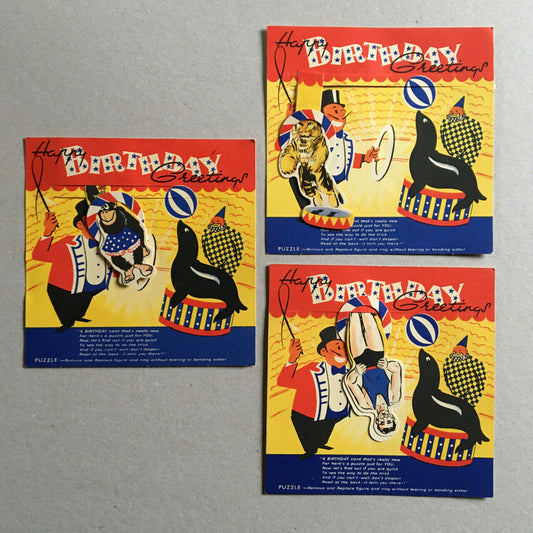 Mia — 3 vintage birthday cards [cartes d'anniversaire] — cirque [circus] c. 1940
