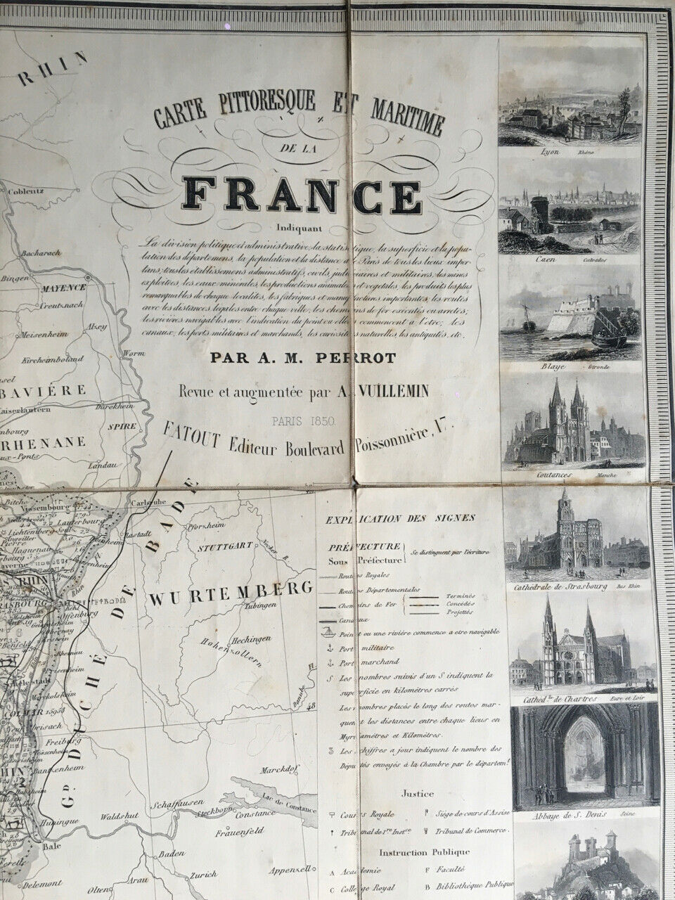 Perrot — Picturesque &amp; maritime canvas map of France — 111x84 Fatout — 1850