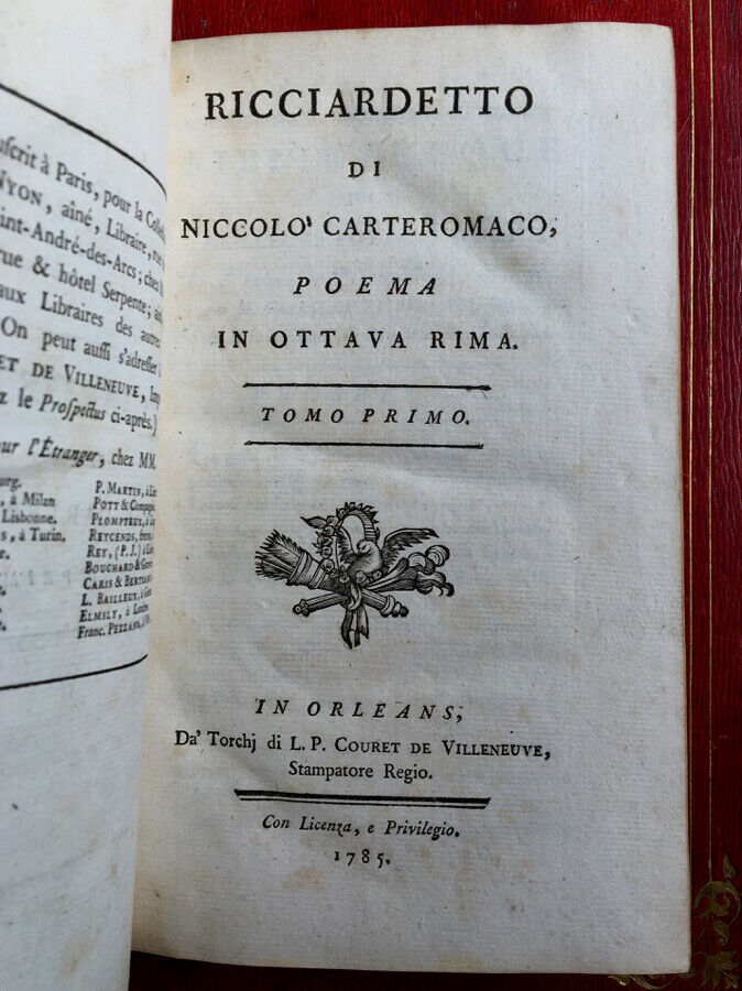 RICCIARDETTO DI NICCOLO CARTEROMACO - TOME 1 ONLY - COURET DE VILLENEUVE - 1785.