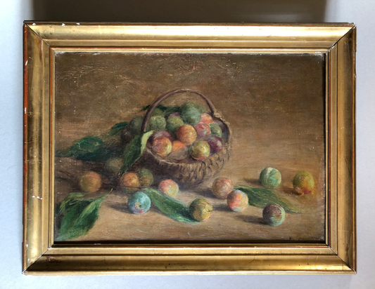 Maurice Vergeaud — nature morte aux prunes — huile/toile signée en bas à droite.