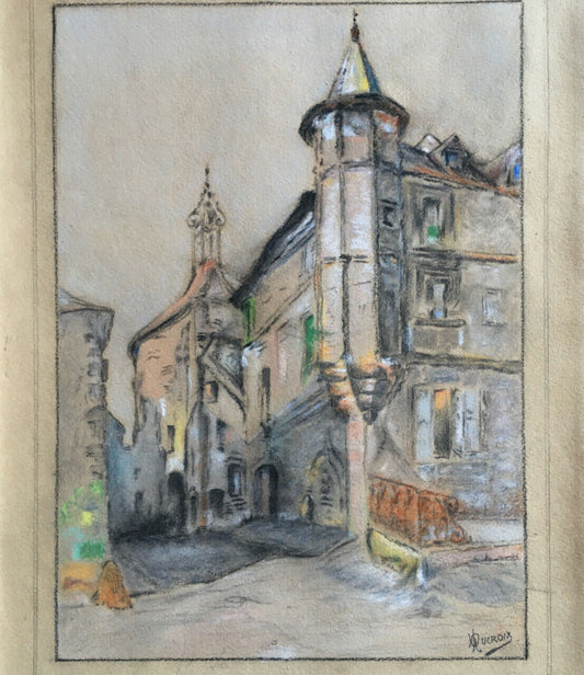 View of the Belfry in Salers, Auvergne — enhanced charcoal signed lower right.