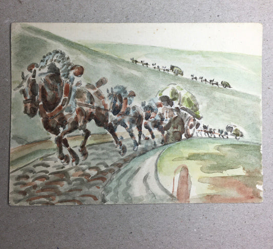Carriages going up the hill — watercolor on the back of an invitation — Bazin, Mouillot.