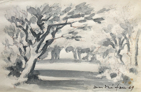 André Fau — paysage sylvestre — aquarelle/papier signée en bas à droite — 1969.