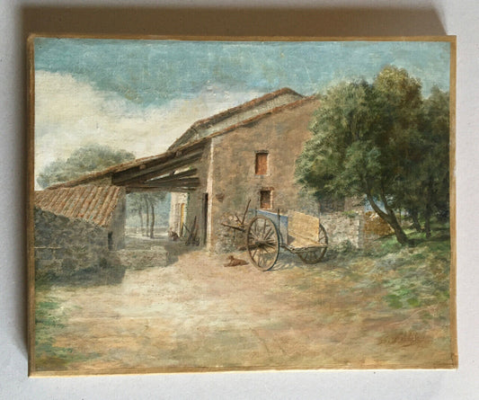 Farmyard with a cart — oil on canvas signed lower right — 35 x 27.5