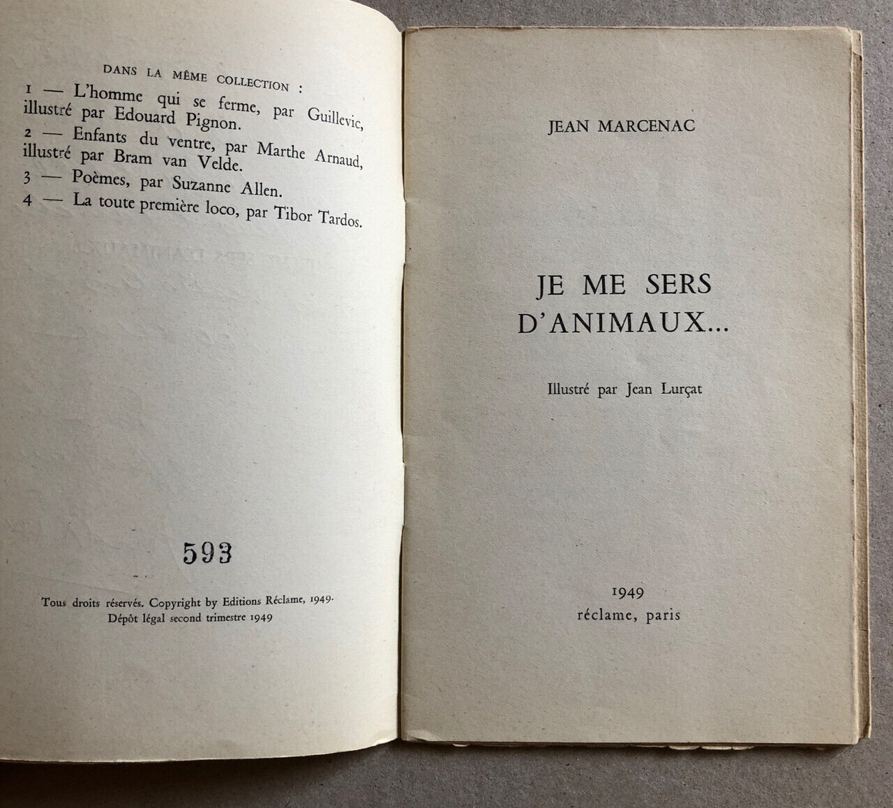 Jean Marcenac — Je me sers d'animaux… — éo — n°/900 — envoi — réclame — 1949.